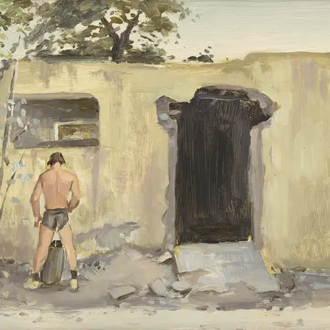 Peter Churcher, The 'piss-a-phone', outside bombed building, Bagram (22 August 2002, oil on hardboard, 20 cm x 30 cm)
