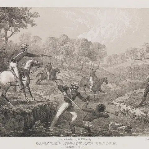 Mounted police and blacks, lithograph on paper. ART50023