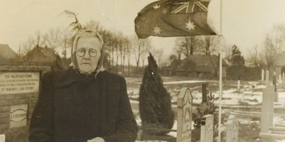 Woman who cared for the graves of Allied aircrew, in her local churchyard cemetery in the Netherlands.