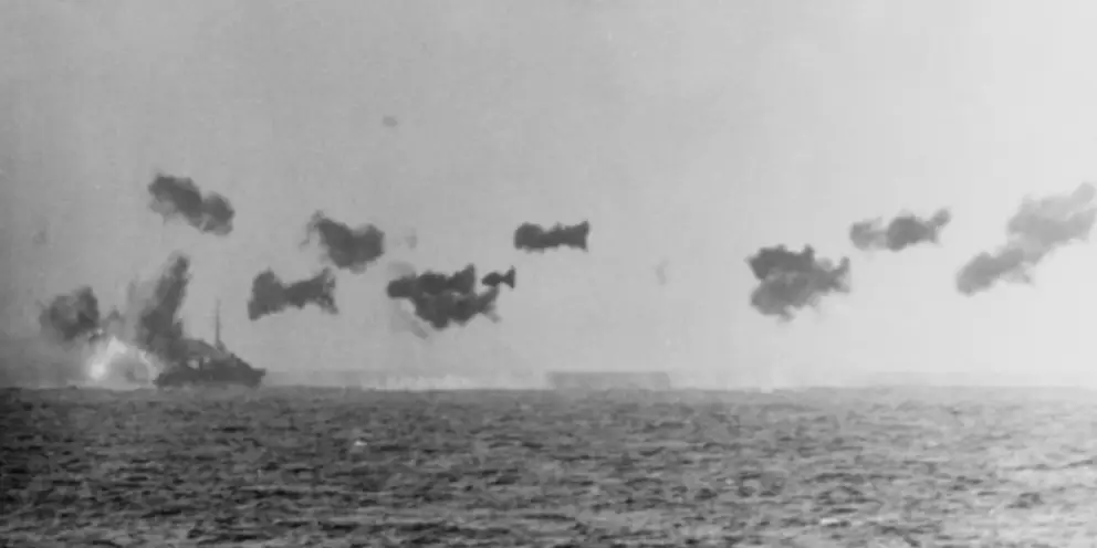 A Japanese kamikaze aircraft narrowly missed Arunta en route to support the Lingayen Gulf landings.