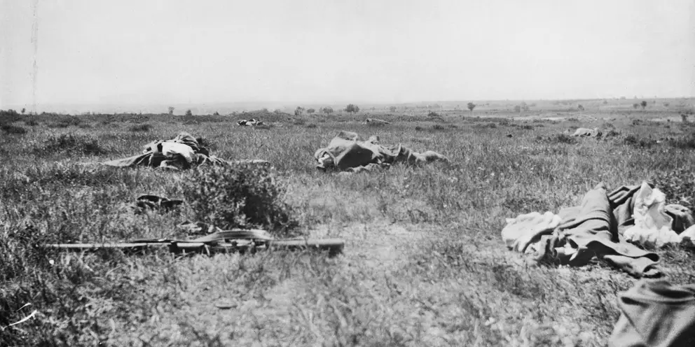 Several bodies lie in the open after the unsuccessful attack towards Krithia by the Australian 2nd Infantry Brigade.