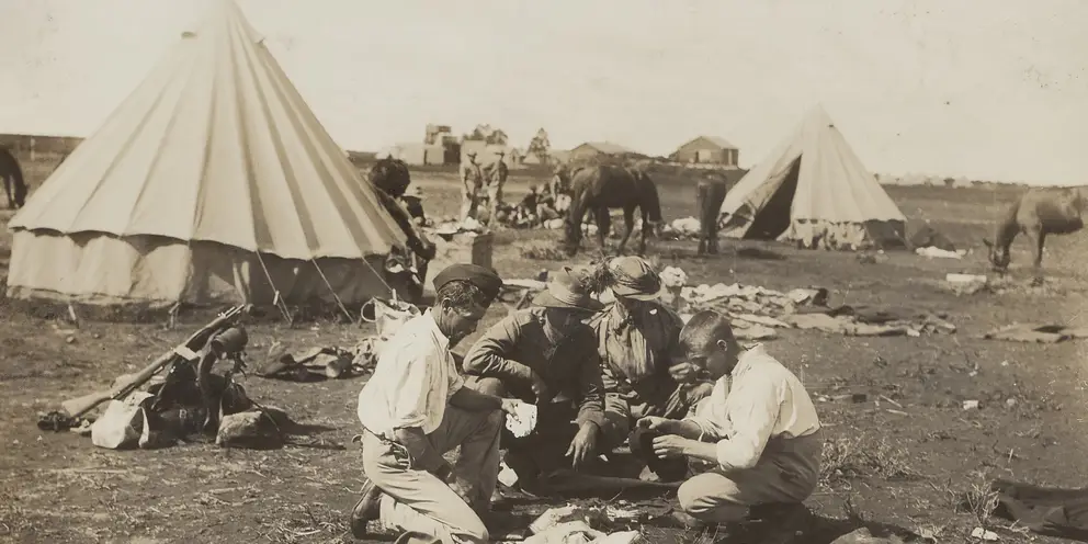 Queensland Mounted Infantry drying their kit after a storm, Belmont, South Africa, c. 1900.
