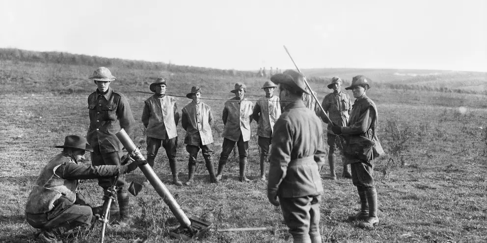 Australian soldiers receive instruction in the use of the 3 inch Stokes mortar, c December 1916.