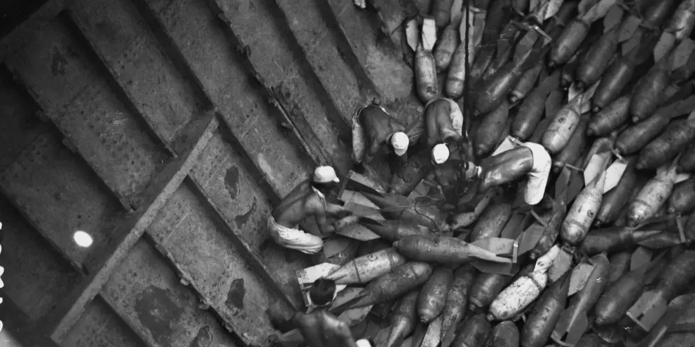 KG Mustard gas bombs, minus detonators, being stowed in the hold of the ship Shintonmaru
