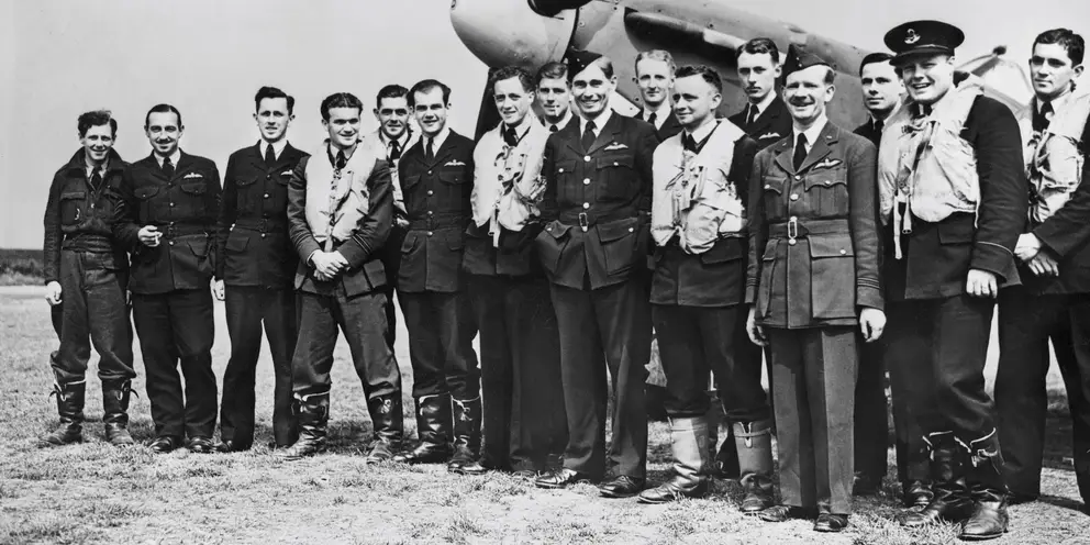 Group portrait of pilots of No. 452 (Spitfire) Squadron RAAF at RAF Station Kirton-in-Lindsey.
