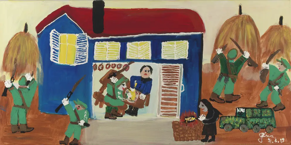 Vibrant painting showing a man eating with a Nazi soldier, with other green uniformed soldiers brandishing weapons outside to search haystacks.