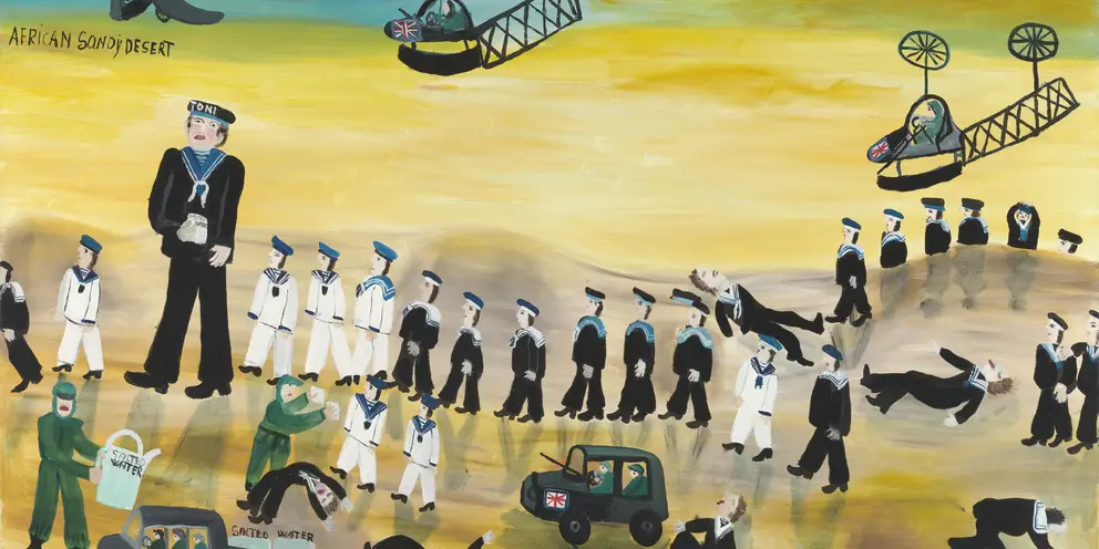 Vibrant painting with yellow sand and Navy soldiers marching after their capture at Libya