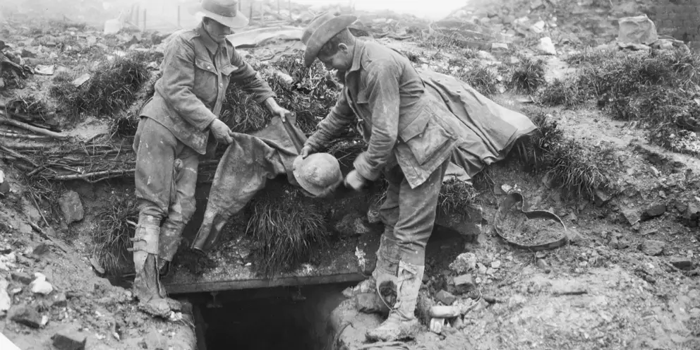 Two unidentified Australian soldiers in the ruins of a Somme village