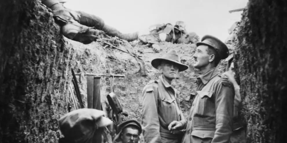 A trench at Lone Pine after the battle, showing Australian and Turkish dead on the parapet. 
