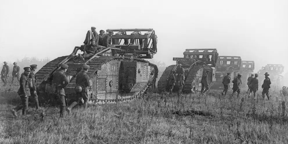 Tanks moving forward in preparation for an  attack against the  Hindenburg Line,  29 September 1918.  H15942