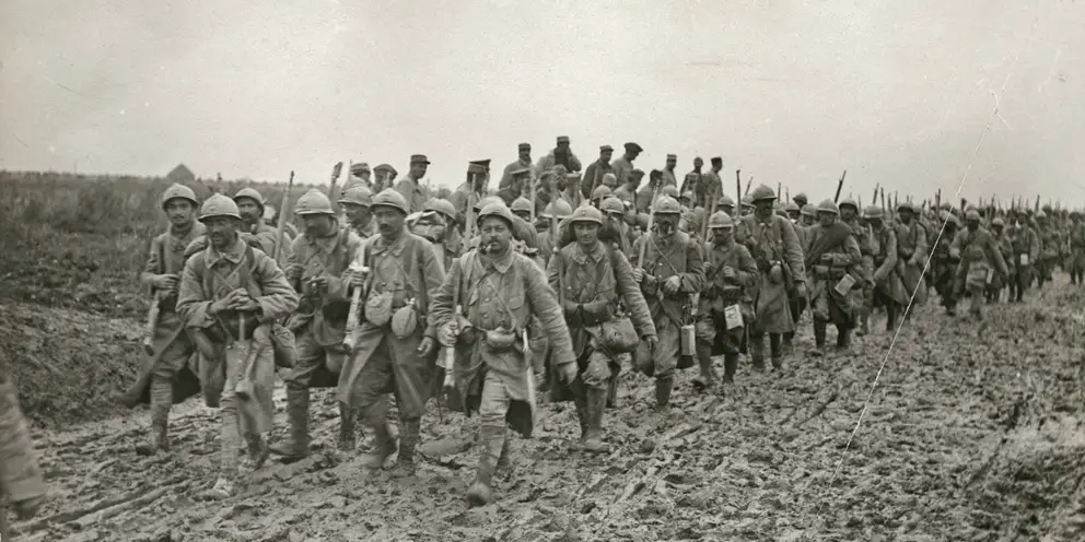 The fight was  being taken up all along  the line – here the French return from an operation near Etinehem. 04504