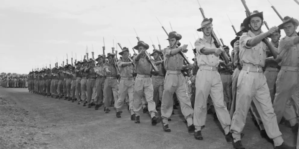 National servicemen march past at their passing out parade at Holsworthy.