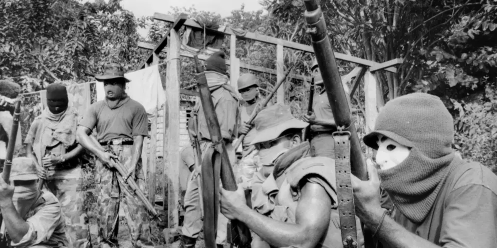  Members of the Malaita  Eagle Force (MEF), Solomon  Islands, c. June, 2000.This was the first time the group had been photographed by overseas media. Photo: Ben Bohane. AWM P04580.019