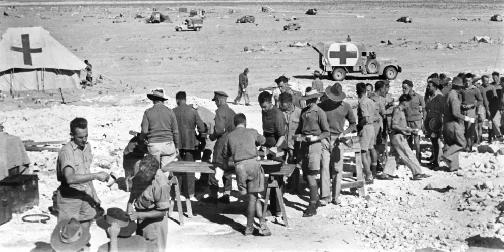 Members of the 2/11th Field Ambulance, AIF, at the advanced dressing station, El Alamein. AWM 043208