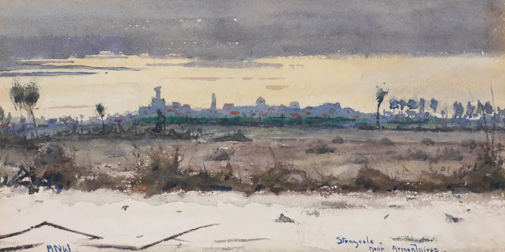 Napier Waller, Strazeele  – near Armentières (c. 1917, watercolour on paper on cardboard, 40 x 21 cm). AWM ART93194