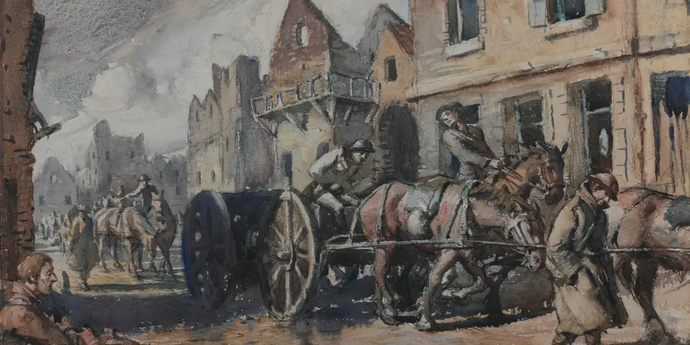 Napier Waller, Australian artillery passing through Bapaume (c. 1917, watercolour, pencil on paper, 33 x 44 cm).  AWM ART92983