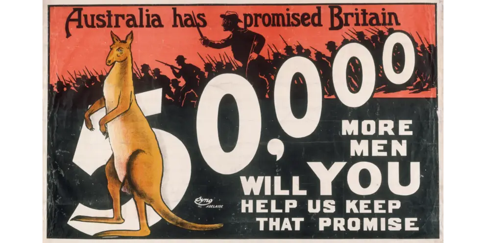 Syno, Australia has promised Britain 50,000 more men (1915), chromolithograph on paper on linen. ARTV00021