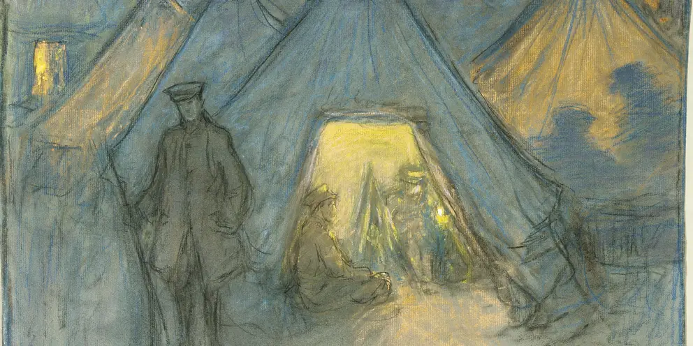 Iso Rae, Sentries at prisoners’ tent (1915), pastel, gouache on grey laid paper mounted on buff paper.  ART19594