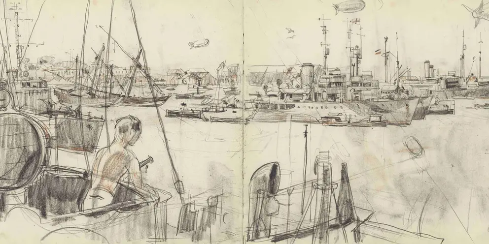 Frank Norton, From HMAS Ipswich…  (5-6 January 1944 from the artist’s  sketchbook, AWM ART96838