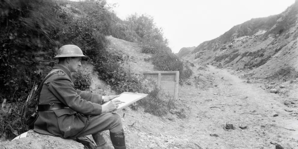 ieutenant Will Dyson sketching in the 'Caterpillar', near Ville-sur Ancre