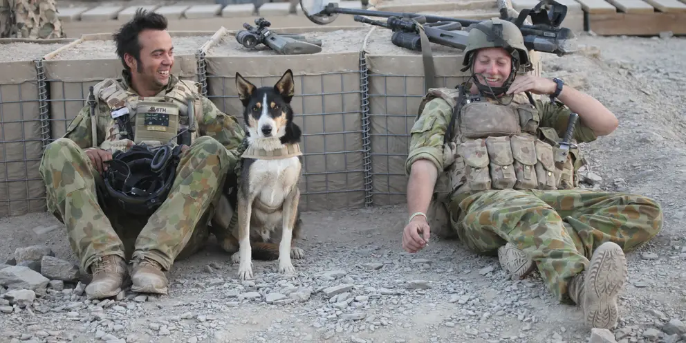 Informal outdoor portrait of Sapper (Spr) Darren "Smithy" Smith and Spr Jacob "Snowy" Moerland, 2nd Combat Engineer Regiment with the Explosive Detection Dog Herbie