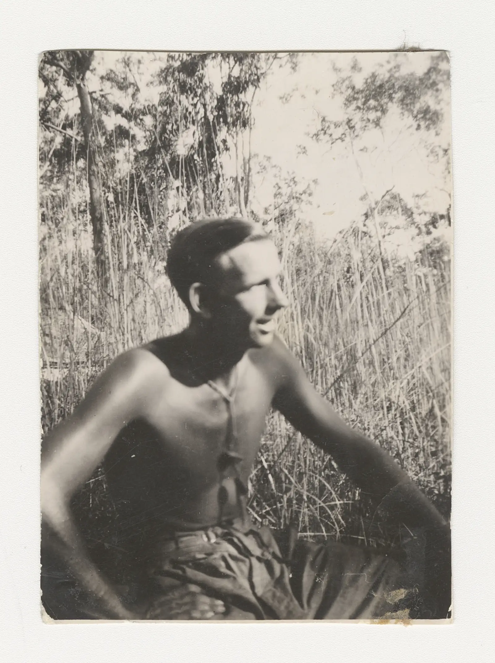 Shirtless Colin sits in the grass.
