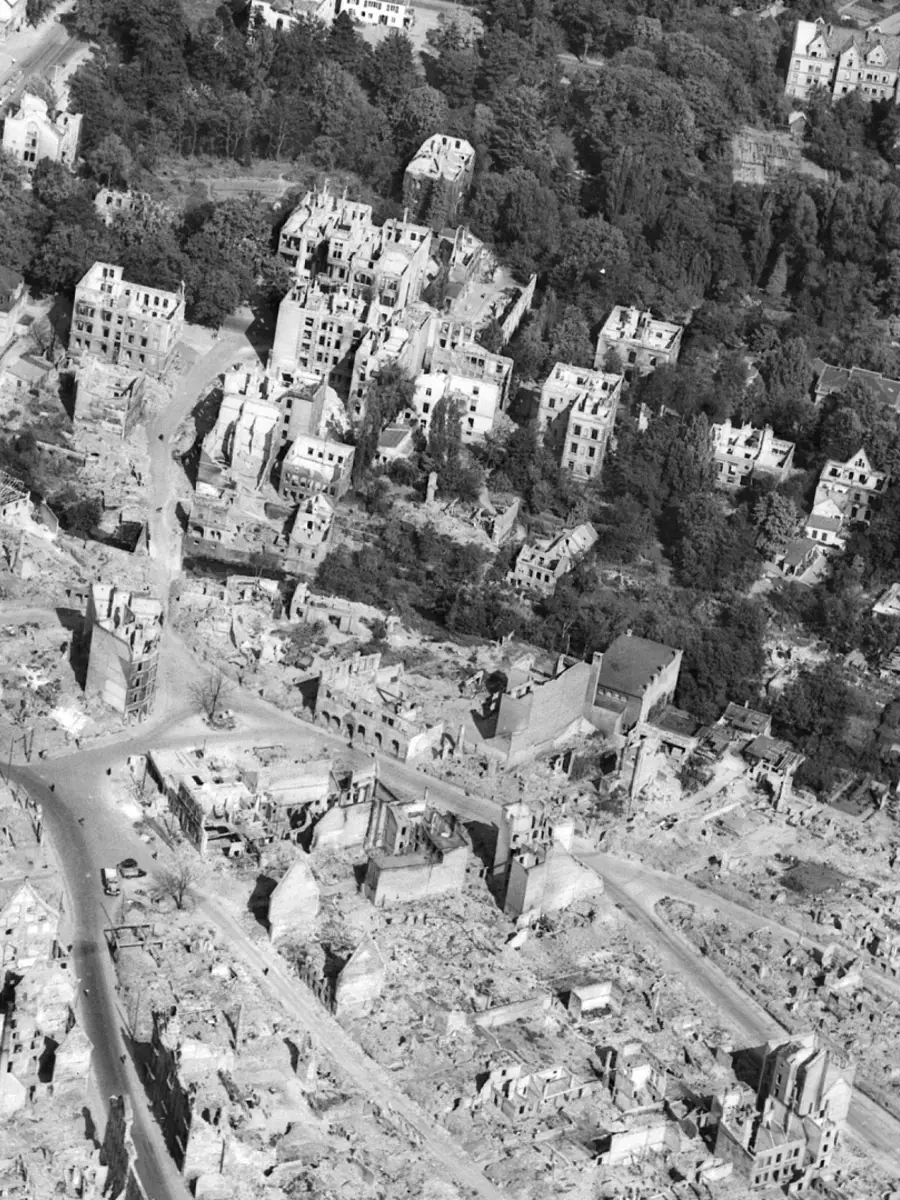 Aerial photograph of an area of Berlin showing the extensive damage caused by allied bombing