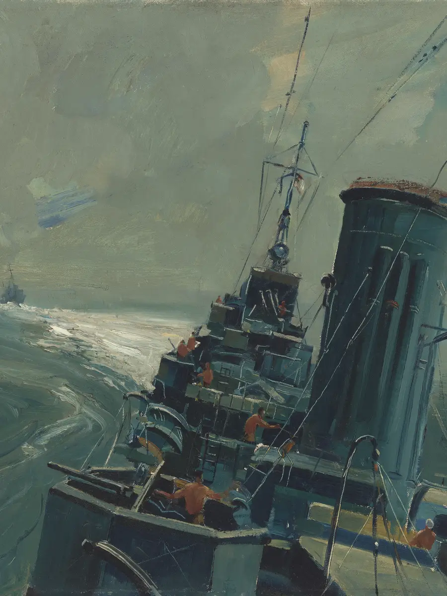 Artwork by Alan Moore of HMAS Arunta patrolling the Admiralty Islands