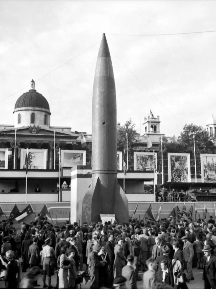 The V2 rocket on display in Trafalgar Square, London in September 1945.