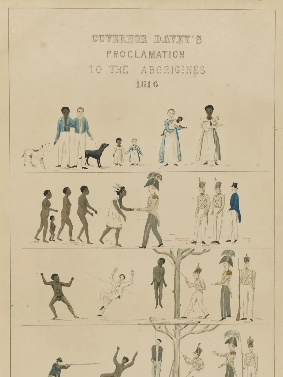 Alfred Bolter, Governor Davey's Proclamation to the Aborigines, 1816 (c. 1866, lithograph, 48 x 28 cm)