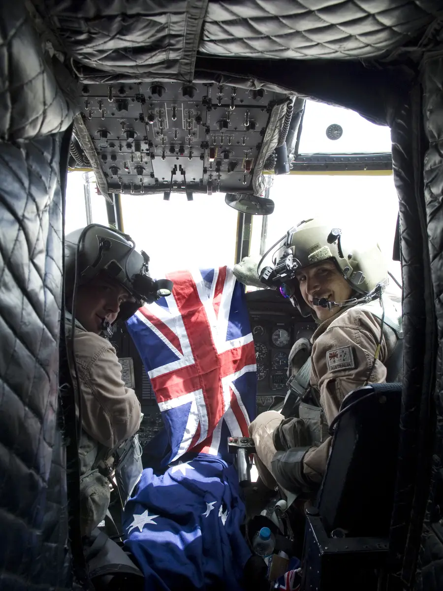 Pilots Major Jason Duggan (left) and Captain Jason Otter, C Squadron, 5th Aviation Regiment in the cockpit of Chinook A15-201