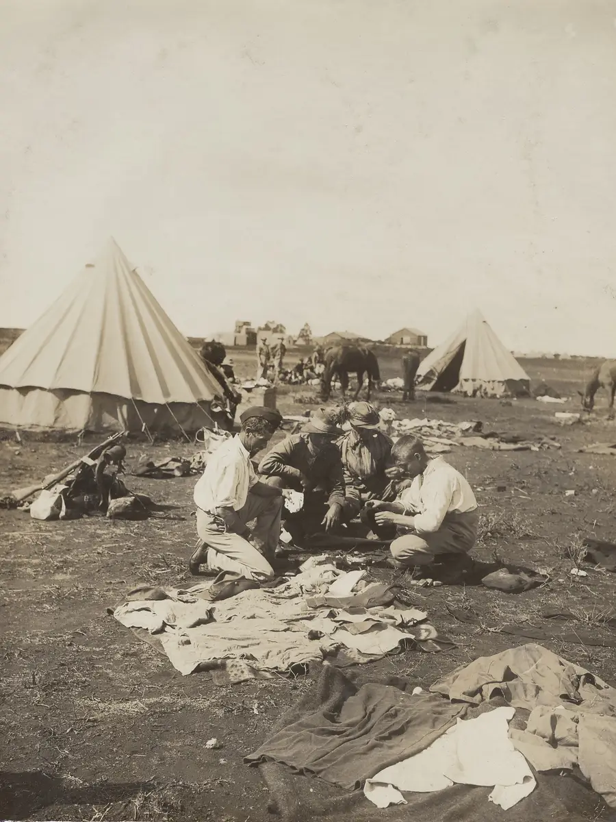 Queensland Mounted Infantry drying their kit after a storm, Belmont, South Africa, c. 1900.