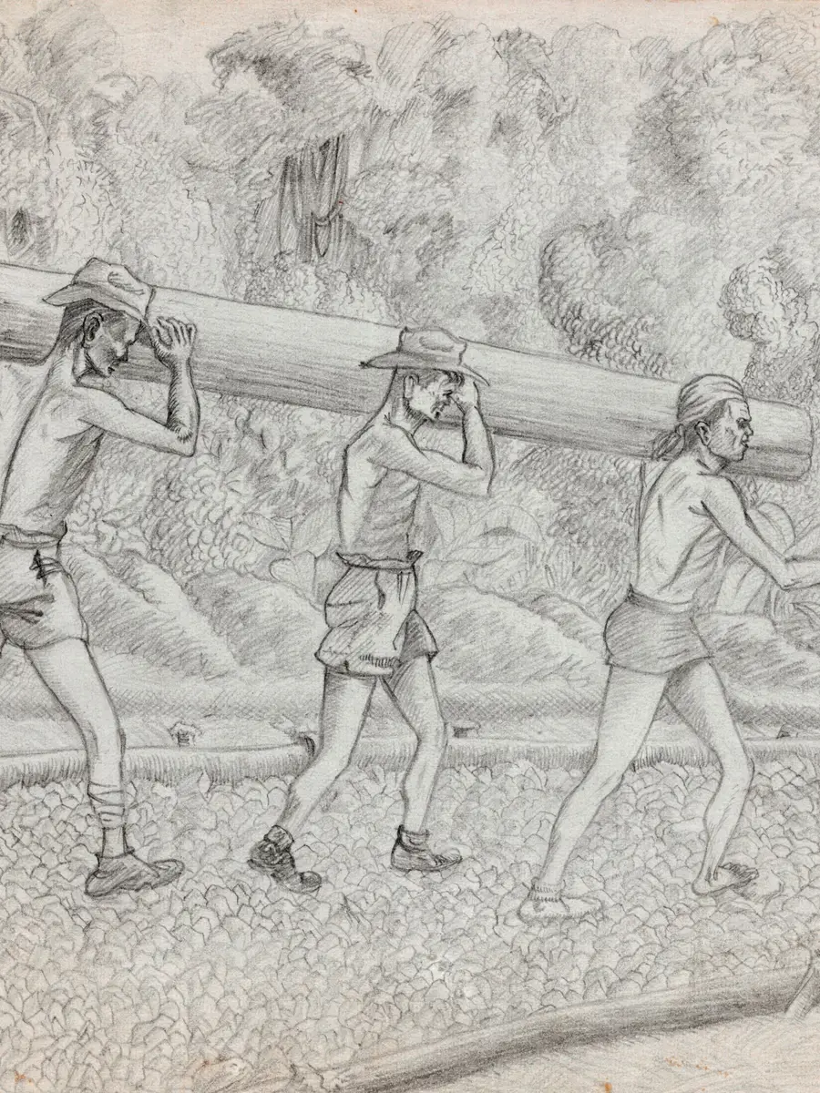 Artwork by James French, of three men carrying railway sleepers.