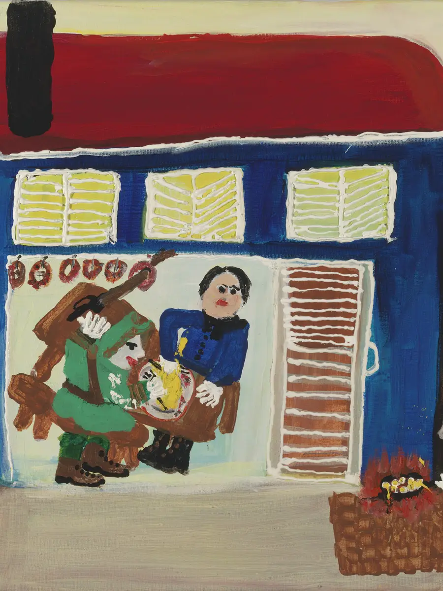 Vibrant painting showing a man eating with a Nazi soldier, with other green uniformed soldiers brandishing weapons outside to search haystacks.