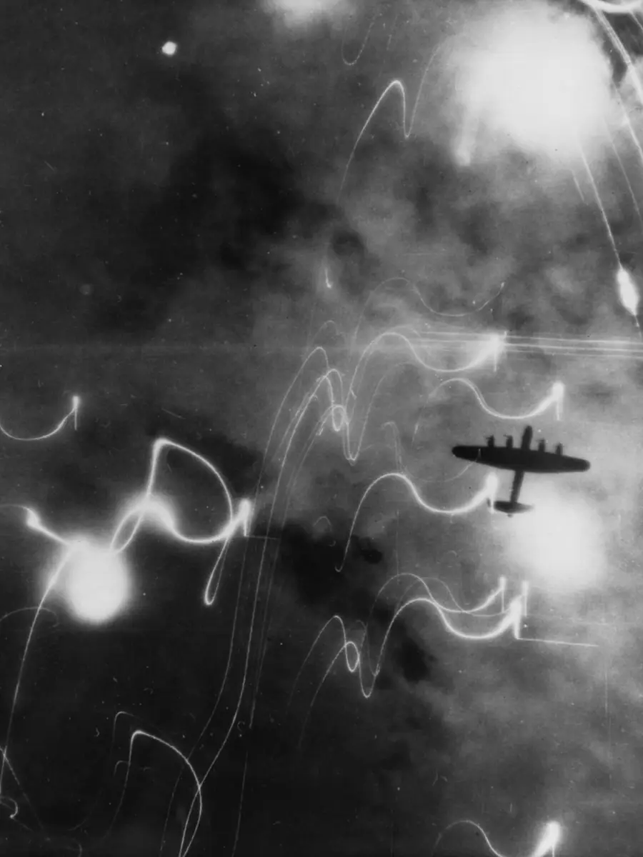 Lancaster bomber aircraft during an air attack on the city of Hamburg