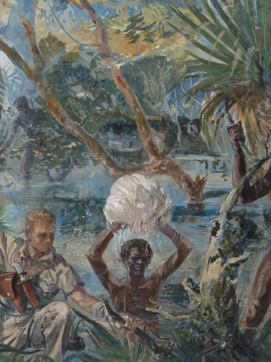 Painting by Roy Hodgkinson, titled Americans and Aborigines. 