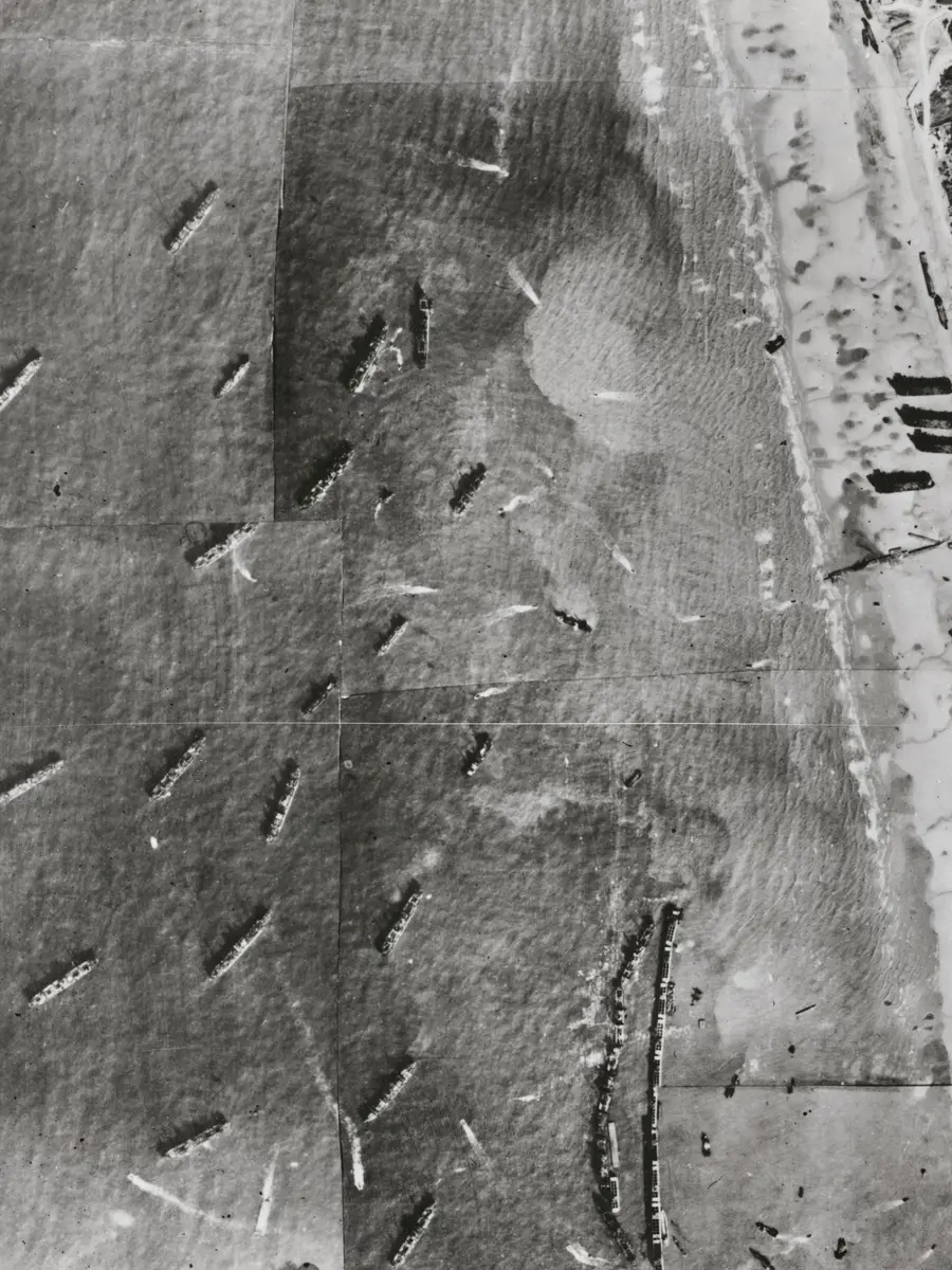 The landing beaches at Normandy from the air, 1944