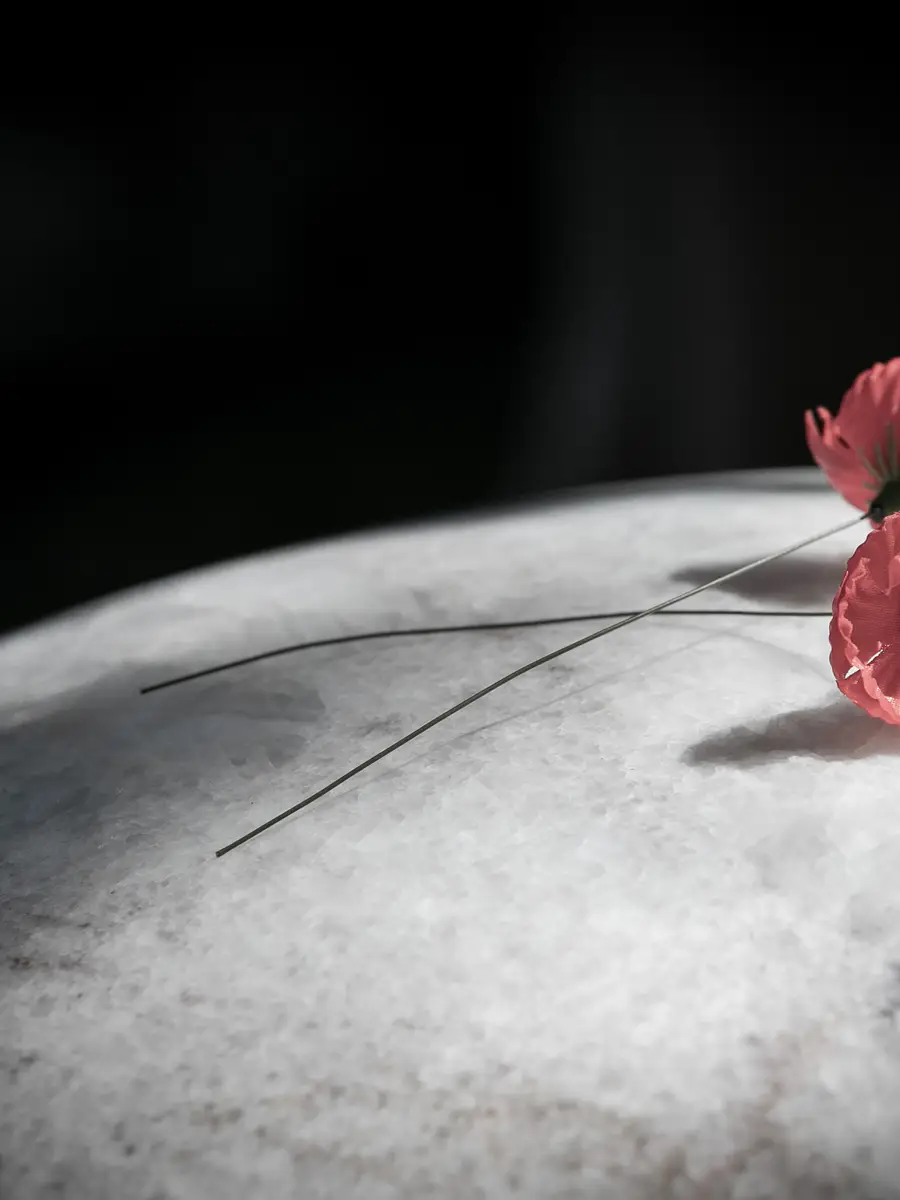Poppy lays on a marble sphere from the sculpture, For Every Drop Shed in Anguish