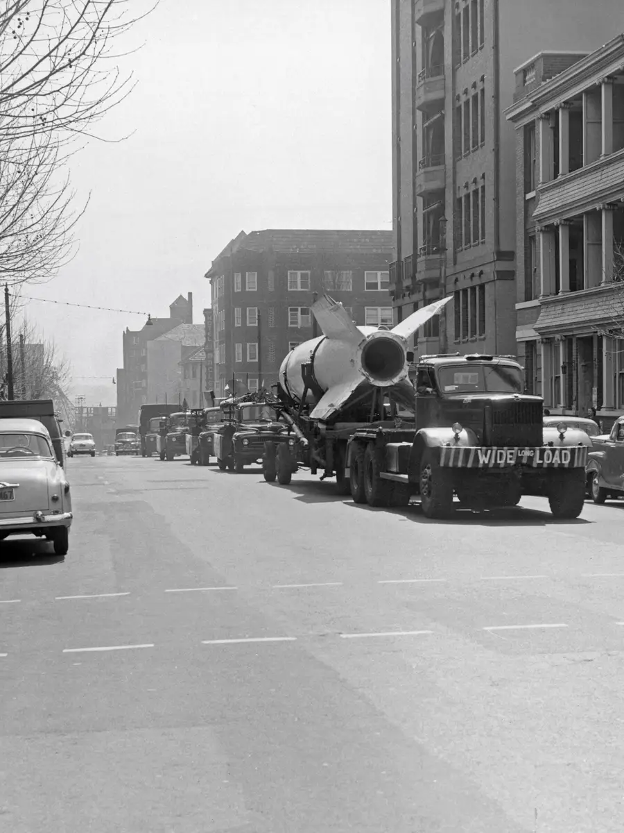 An RAAF convoy, transporting the V2 rocket through Sydney, September 1957.