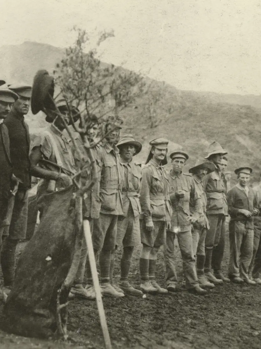 Survivors of the 1st Light Horse regiment’s attack at Pope’s Hill assemble after the battle. There were fewer than 50
