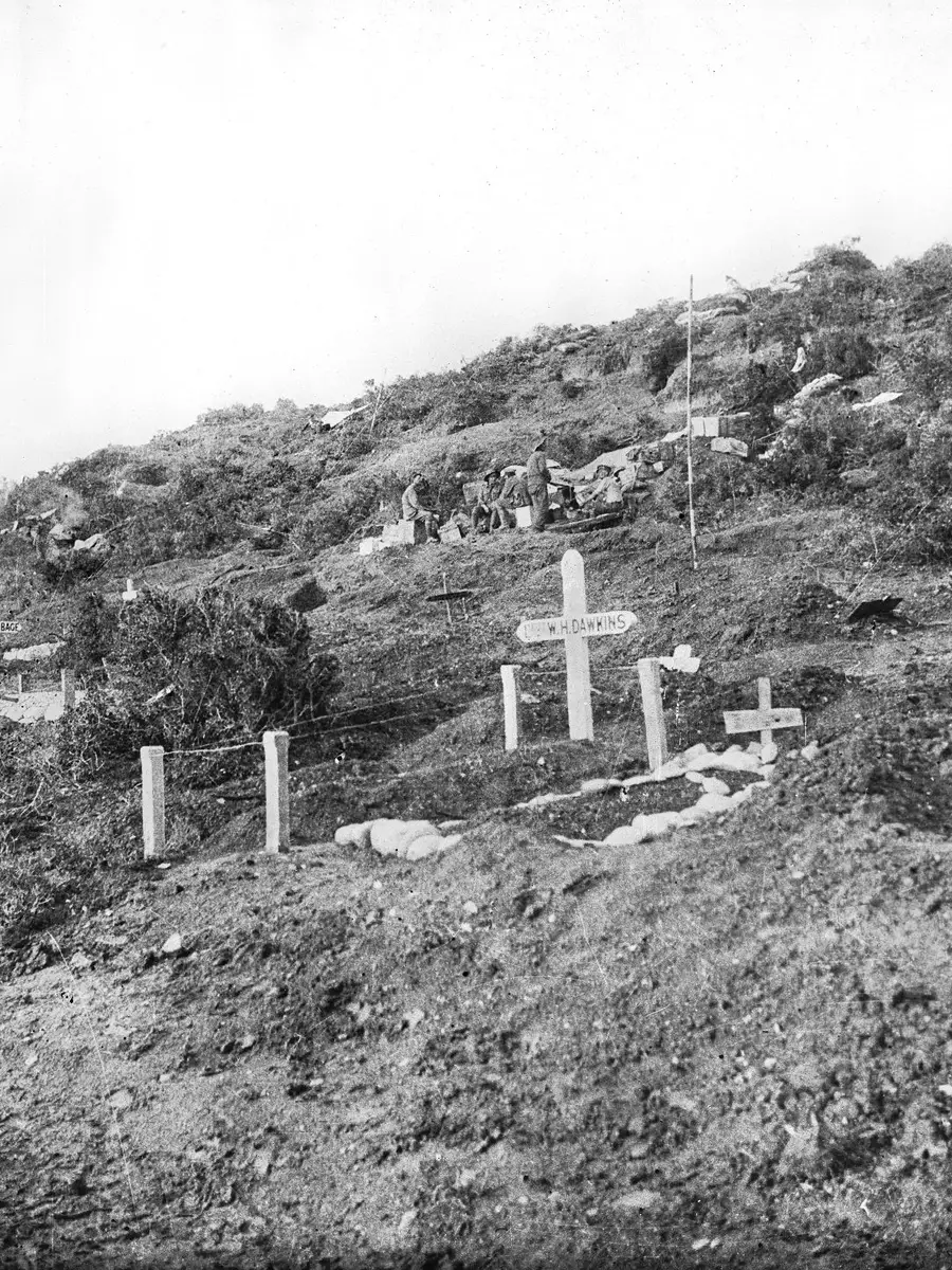 The cemetery near Hell Spit on the southern horn of ANZAC Cove. The grave on the left is that of Captain Bage.