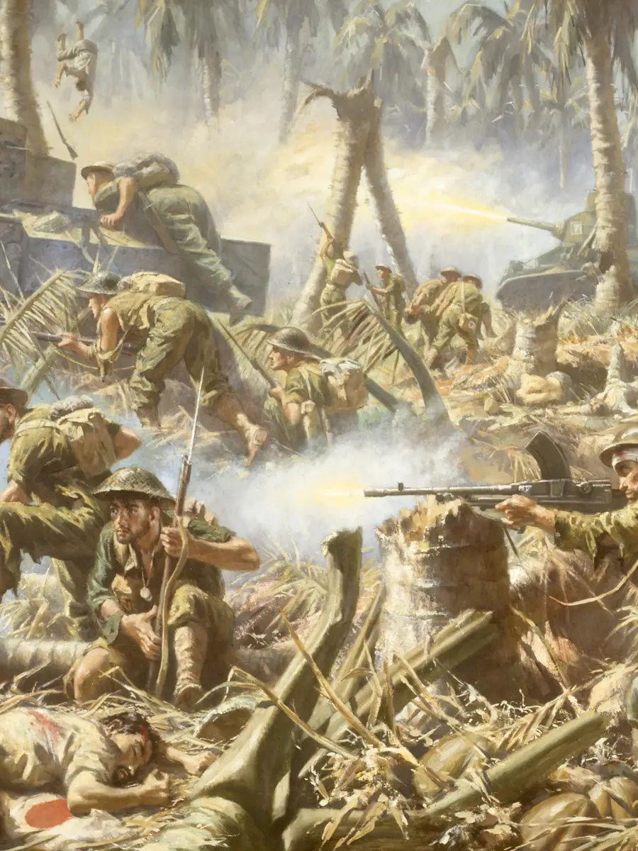 Geoffrey Mainwaring, "Australian action at Buna", 1962, oil on canvas, 175 x 313 cm. AWM ART27547