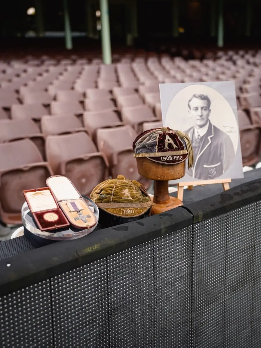 A collection of Tom Richards' honours: (L-R): 1908 Olympic gold medal, Military Cross, 1910 Lions cap, Wallabies cap (1908-1912) and his portrait