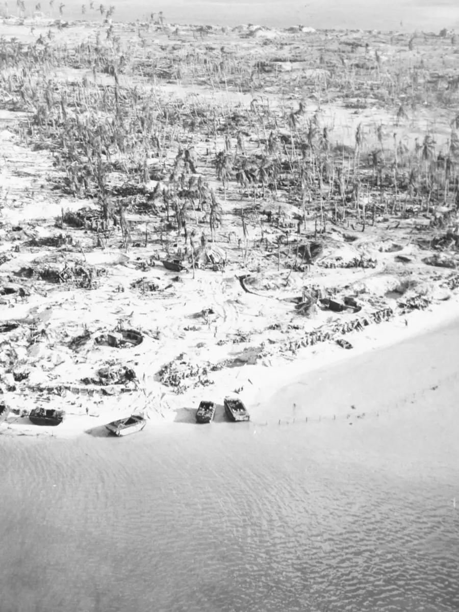 The clearing in the centre of the islet is the airfield. Photo credit NH 95704 US Naval History and Heritage Command Collection