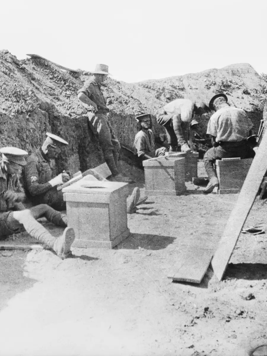 Pioneers of the First Battalion building thunderboxes, August 1915.