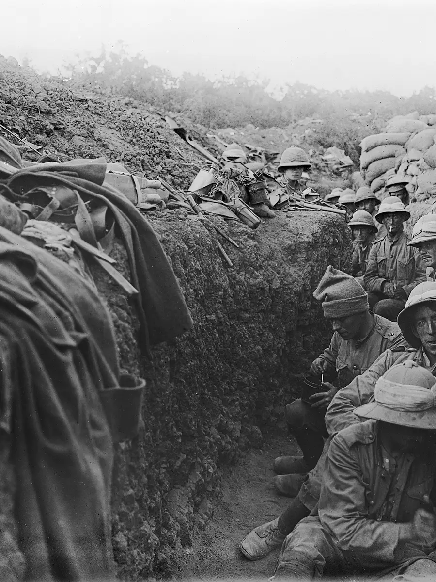“There is no ‘off time’ on the Peninsula, and the firing goes on forever.” Soldiers of the Royal Irish Fusiliers man frontline positions at Cape Helles. Photographer: Ernest Brooks