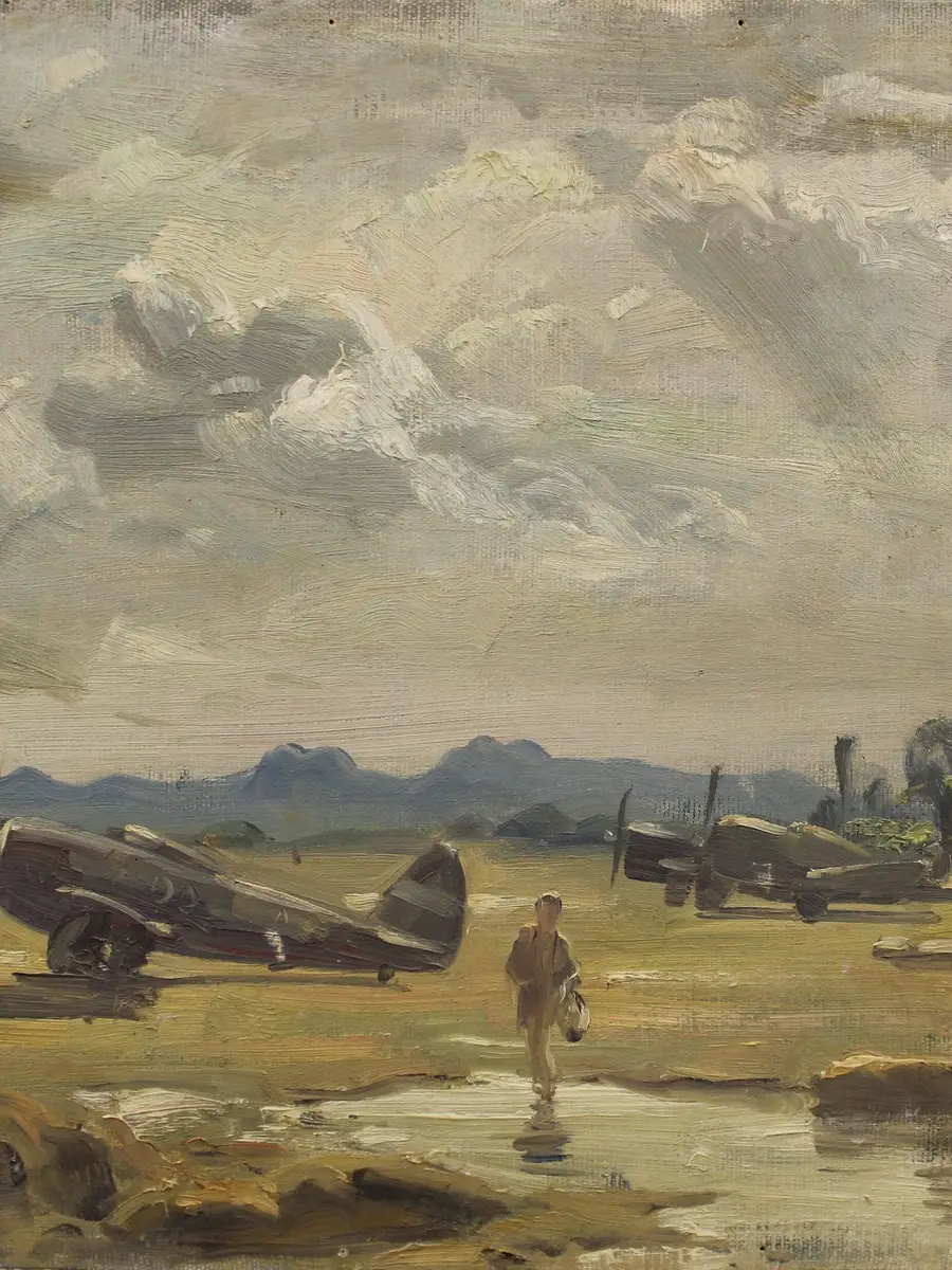 William Dargie, Planes of 134 Squadron grounded by the ‘Chota’ monsoon (January 1945, oil on canvas on cardboard, 40 cm x 46 cm, ART23910)