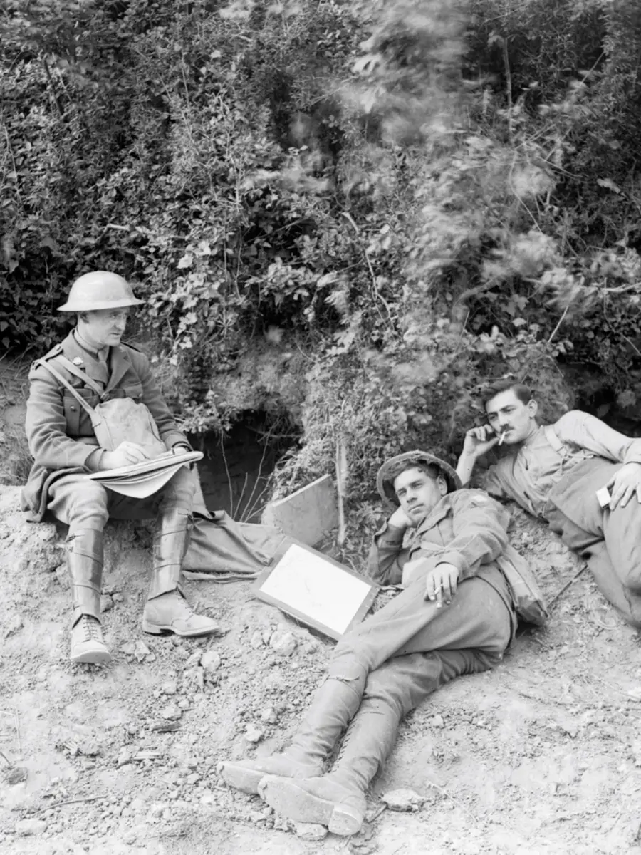 Lieutenant Will Dyson, left, sketching, 