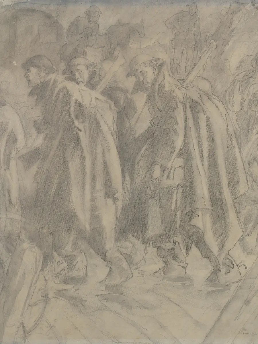 It shows exhausted Australian troops, draped in waterproof sheets, plodding through the rain and mud as they reach Montauban, a ruined village now containing temporary army huts and supply dumps several kilometres behind the frontline.