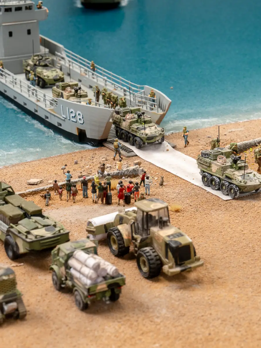 Close-up of Dili Diorama detail – HMAS Labuan lands troops and ASLAVs, 21 September 1999.